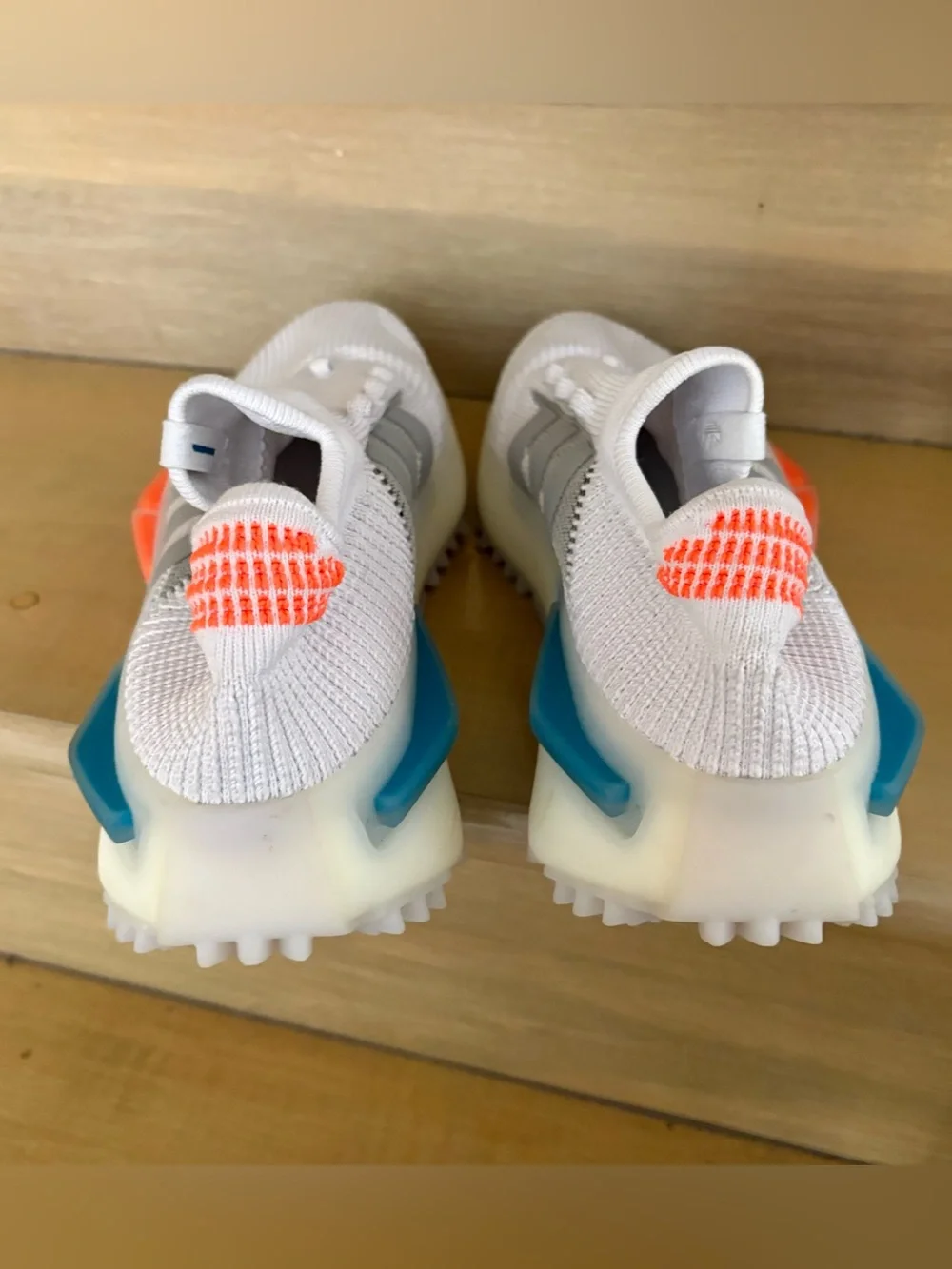 Adidas nmd s1 White Knit Sneaker with Gray Stripes and Accent Colors